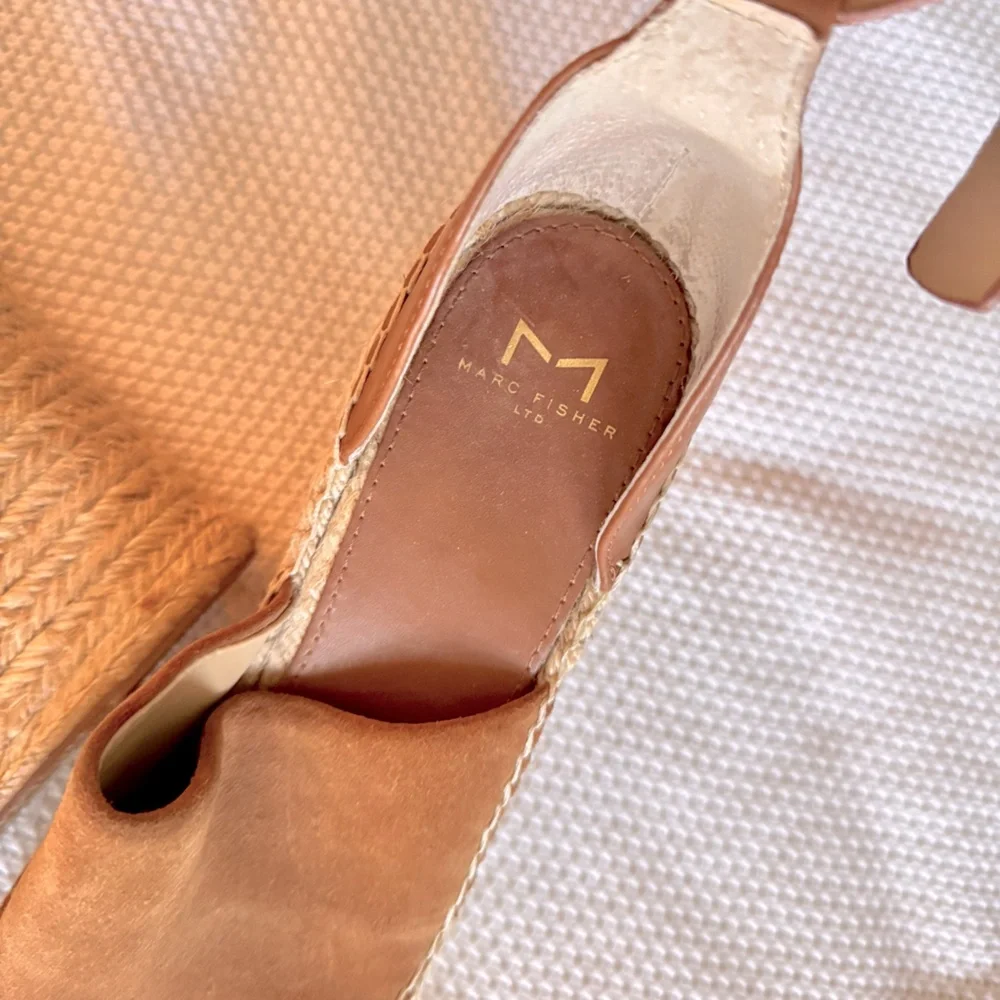 MARC FISHER Adalyn Espadrille Wedge Sandal Tan Leather Sandals Women’s Shoes